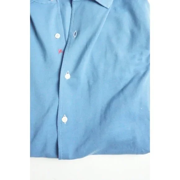 Isaia Solid Blue Woven Long Sleeve Cotton Button Up Polo Shirt Sz M BRAND NEW